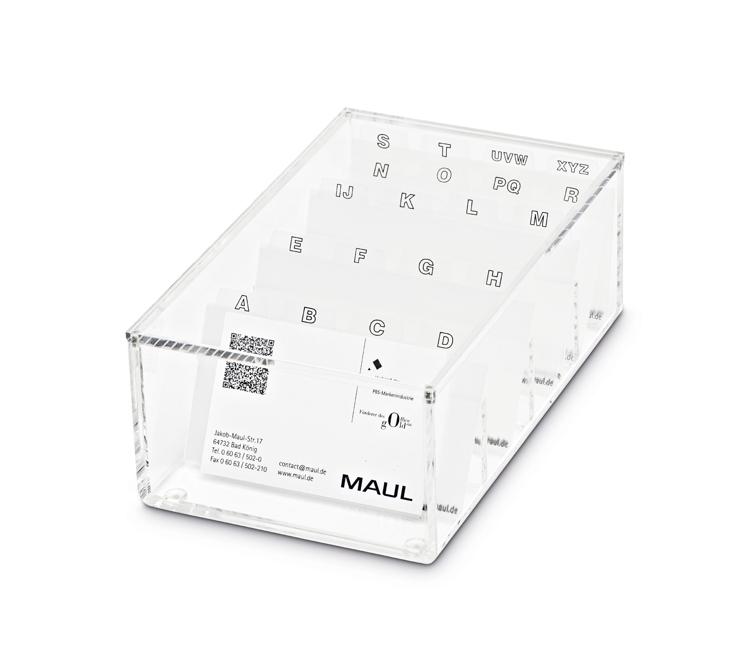 MAUL Visitenkartenbox aus Acryl | Schreibtisch Organizer inkl. Deckel zur Aufbewahrung von Kunden- und Visitenkarten | Möbelschonend dank Noppen für Schreibtisch und Regal | Transparent