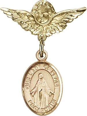 14kt Yellow Gold Baby Badge with Our Lady of Peace Charm and Angel w/Wings Badge Pin 1 X 3/4 inches