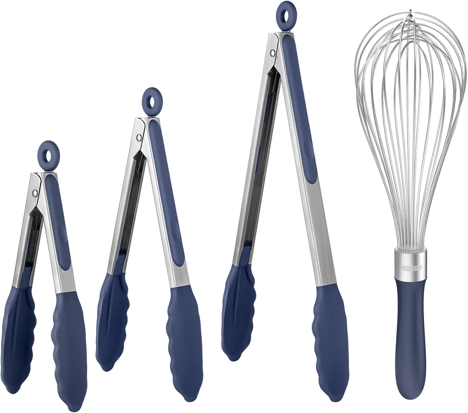 U-Taste 600℉ Heat Resistant Food Grade Non Stick Firm Cooking Tongs Set of 3, and 18/10 Stainless Steel Balloon Whisk for Kitchen Cooking with 12 Flex Wires (Midnight Blue)