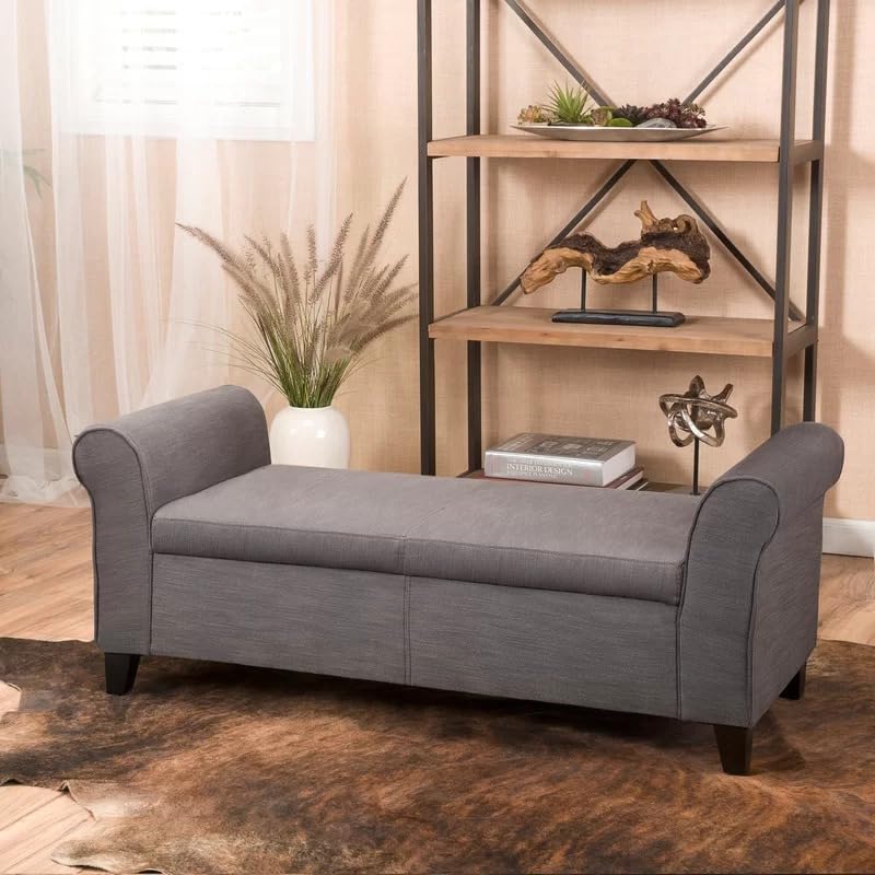 Image of 2 Seater Storage Ottoman Bench with Rolled Arms | Upholstered Fabric Sofa Bench with Hidden Storage | Bedroom Living Room Entryway Seating | Modern Lounge Bench Footrest End of Bed Seat | Grey