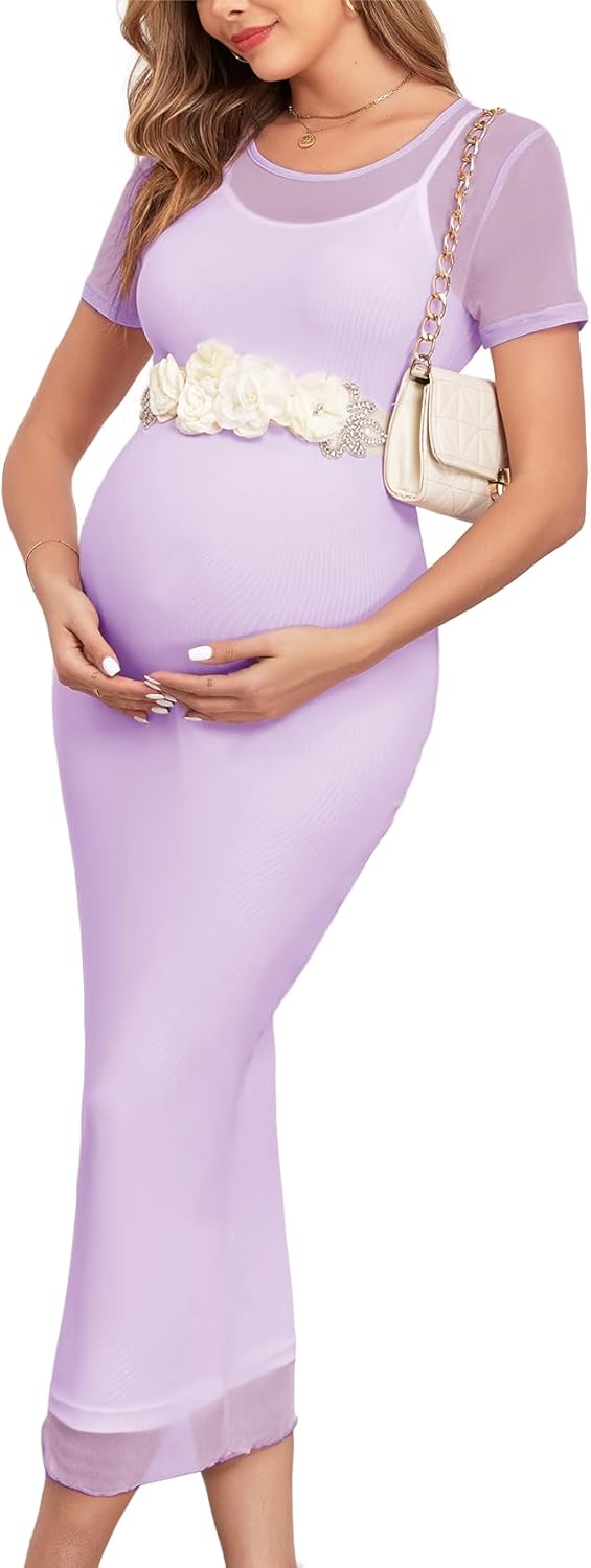 AISWI Maternity Mesh Dress Ruched Side Round Neck Pregnancy Dresses Baby Shower Wedding Guest Cocktail Party