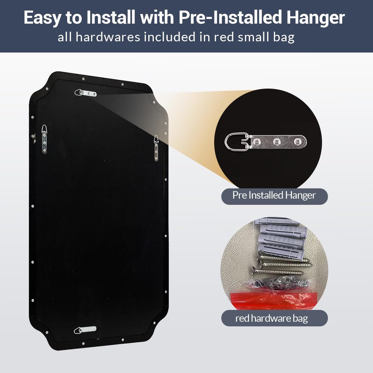 24x40 Scalloped Mirror, Contemporary Black Scalloped Bathroom Vanity Mirrors, Rounded Notched Corner Rectangle Mirror in 1’’ Stainless Steel Metal Frame Wall-Mounted Vertical/Horizontal