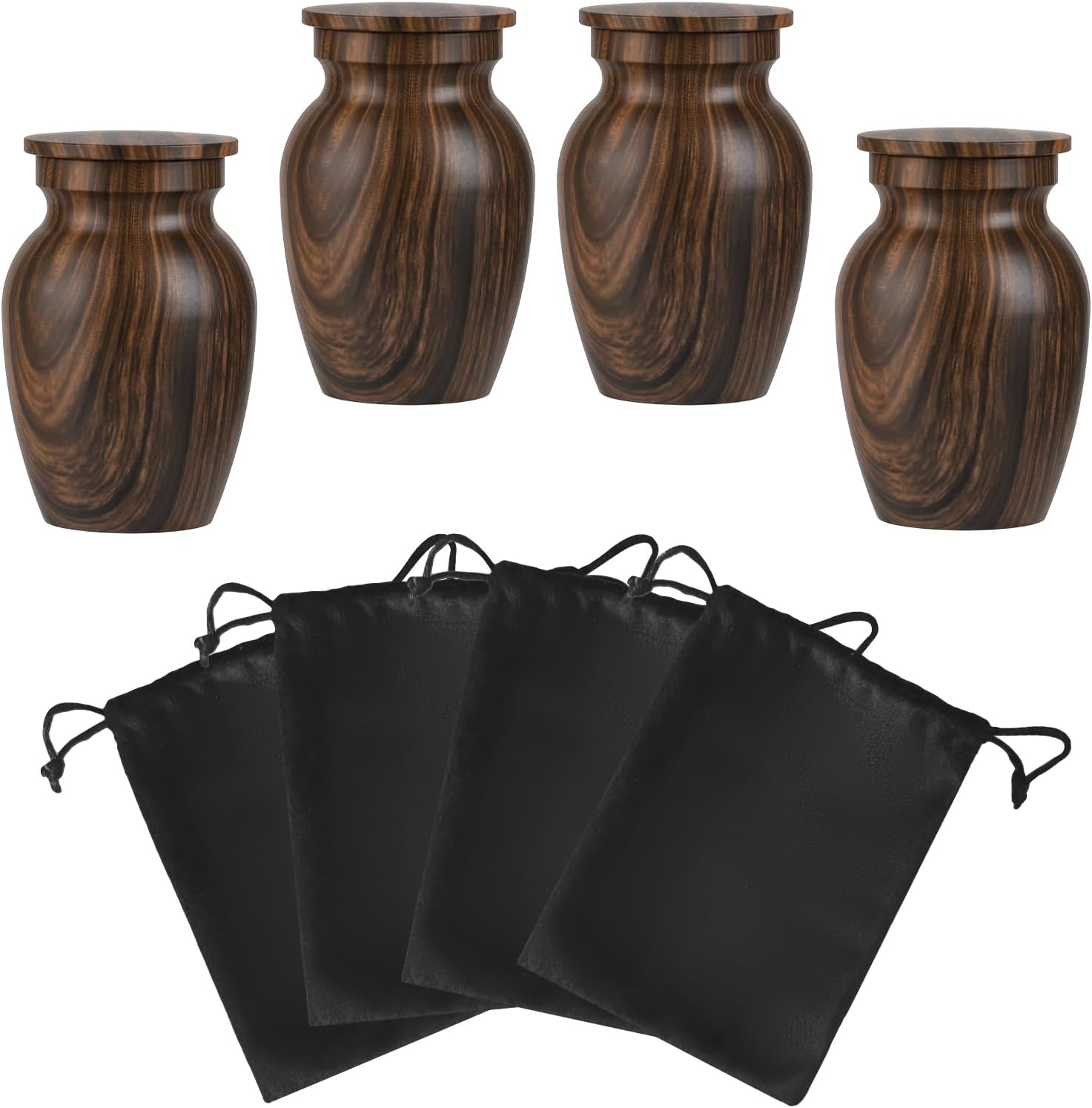 Small Urns for Human Ashes, Walnut Wood Grain Finish Metal Keepsake Mini Urn Set of 4, Handcrafted Sharing Memorial Decorative Urn - Recycled Cast Aluminum