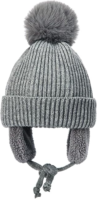 Kids Knitted Ski Beanie Cap Knit Pom Pom Bobble Hat Outdoor Winter Balaclava Trooper Trapper Bomber Hat Fleece Padded Super Warm Hat Cap With Ear Flap for Children Girls Boy
