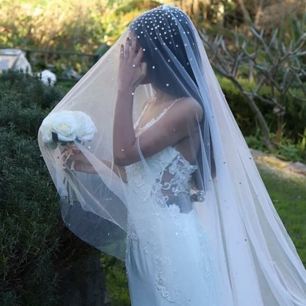 Veli da Sposa di Lusso con Strass e veli da Sposa, veli Scintillanti, Copri Velo Anteriore e Posteriore per Matrimonio (Bianco Sporco)