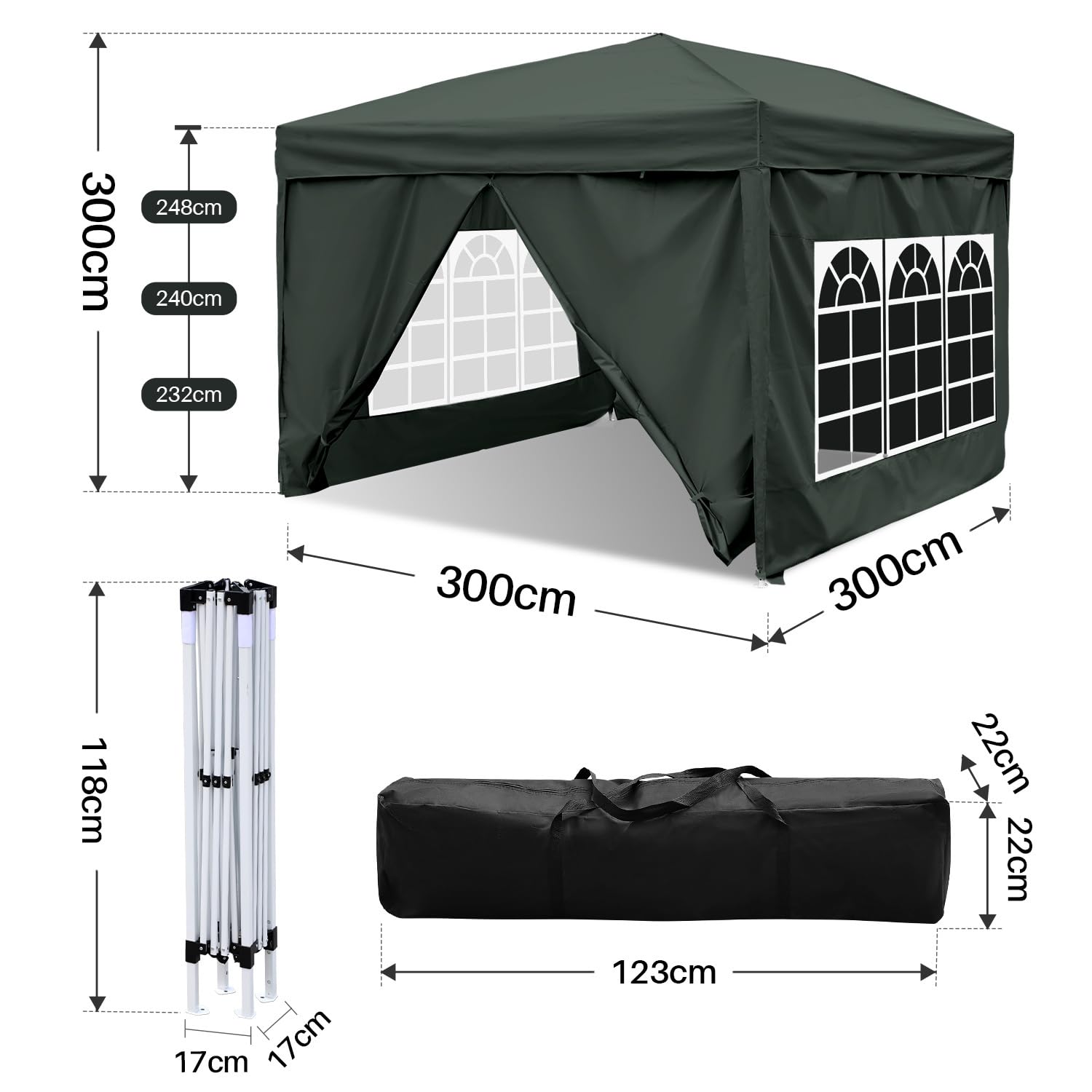 Tonnelle étanche 3 x 3 m - Hauteur réglable - Avec 4 panneaux latéraux - Oxford 420D - Stable - Résistant à l'hiver - Protection UV - Tente de fête pour extérieur, jardin, camping - Gris
