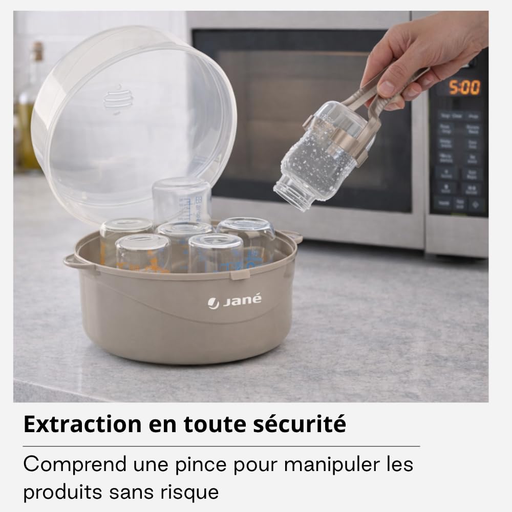 Jané Stérilisateur Micro-ondes 6 Biberons, avec Panier Tétines et Pince, Sans BPA, Gris