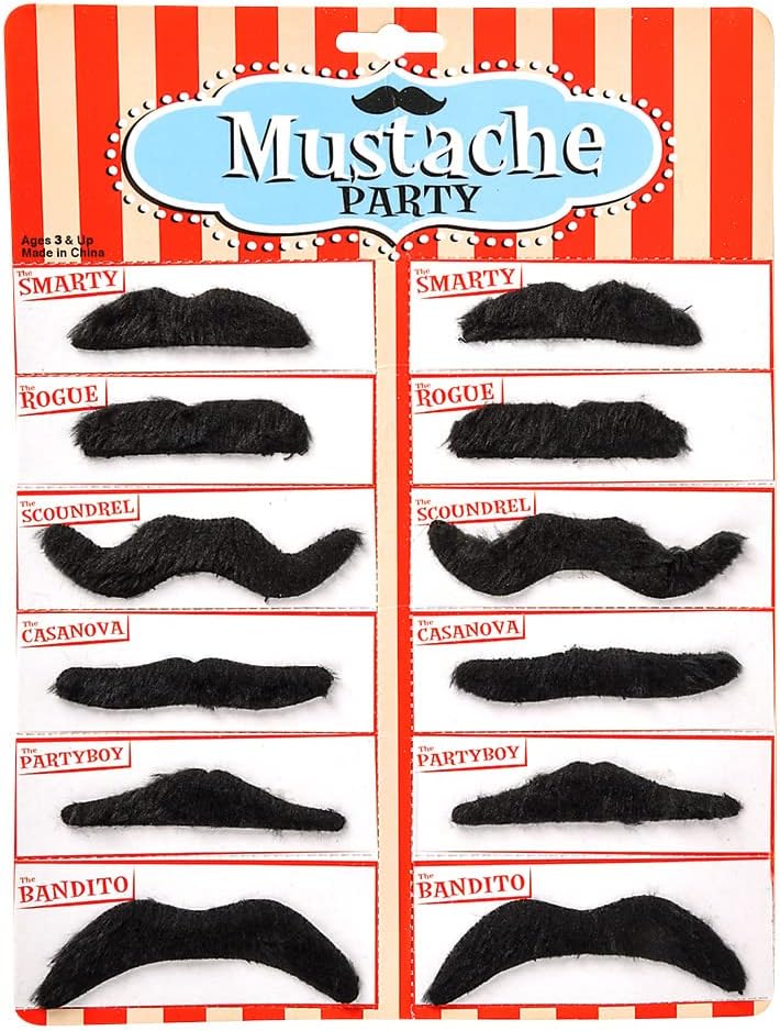 Road Island Novelty 3.5" Black Fake Mustaches, Pack of 12