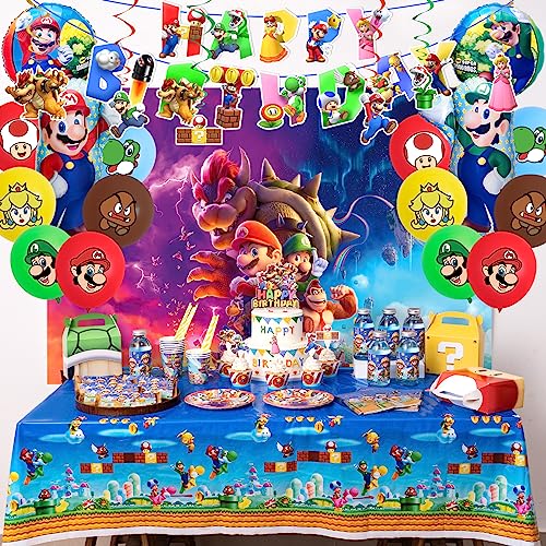 Birthday Party Supplies,221Pcs Game Theme Style Party Decorations Include Happy Birthday Banner,Backdrop,Tableware Set,Tablecover,Cake Toppers,Cupcake Toppers,Latex Balloons Set,Bottle Labels,Chocolate Stickers,Napkins,Straw,Cups,Spiral Hanging Decoration #TOP6