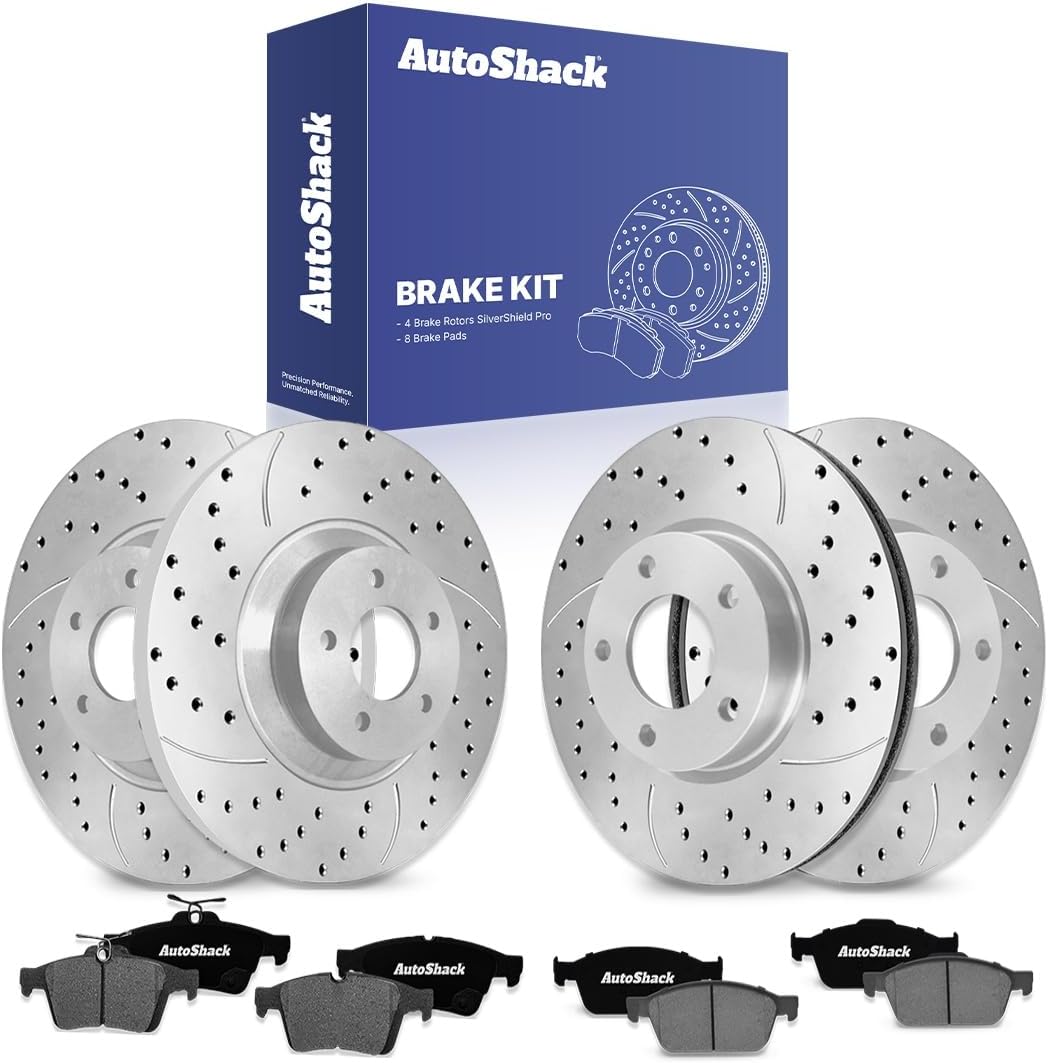 AutoShack Front & Rear Brake Rotors & Ceramic Pads for Mazda, 5 2006-2010, 2012-2017, FWD L4 2.3L 2.5L - Silver Zinc Coated Drilled & Slotted - SilverShield Pro