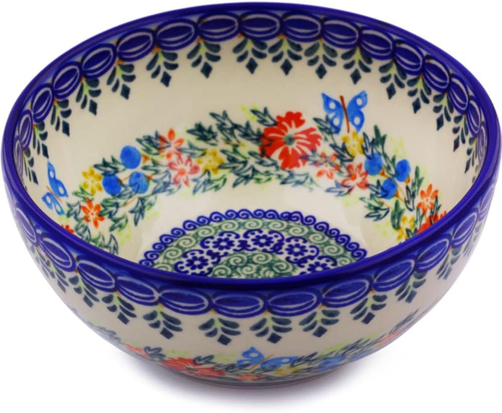 Polmedia Polish Pottery Bowl 6-inch UNIKAT - Ring Of Flowers Pattern Handmade in Boleslawiec Poland by Ceramika Bona + Certificate of Authenticity