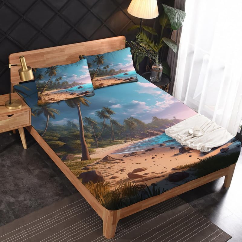 Miniatura 2 de Juego de sábanas de tamaño King  Sábanas de cama con temática de playa, sábanas y fundas de almohada, microfibra suave, bolsillo profundo y sin