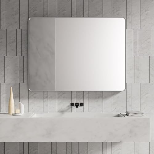 Miniatura 2 de Espejo de baño plateado cepillado de 40 x 36 pulgadas, espejo rectangular con marco de metal para tocador de baño, espejo de decoración del hogar de
