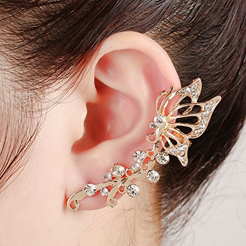 2Pcs Ear Cuff Crawler Earrings Crystal Butterfly Elven Ear Cuffs Climbers Hypoallergenic Piercing Ear Cuff Wrap Clip Earrings For Women Girls(Gold) #TOP1