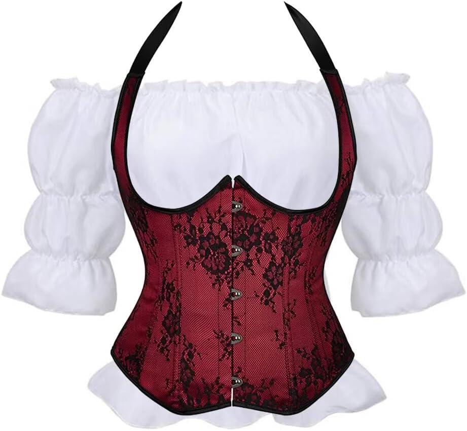 Jutrisujo Costume Renaissance Underbust Corset with Strap and Shirt Blouse Plus Size Top Lace up Jacquard Floral
