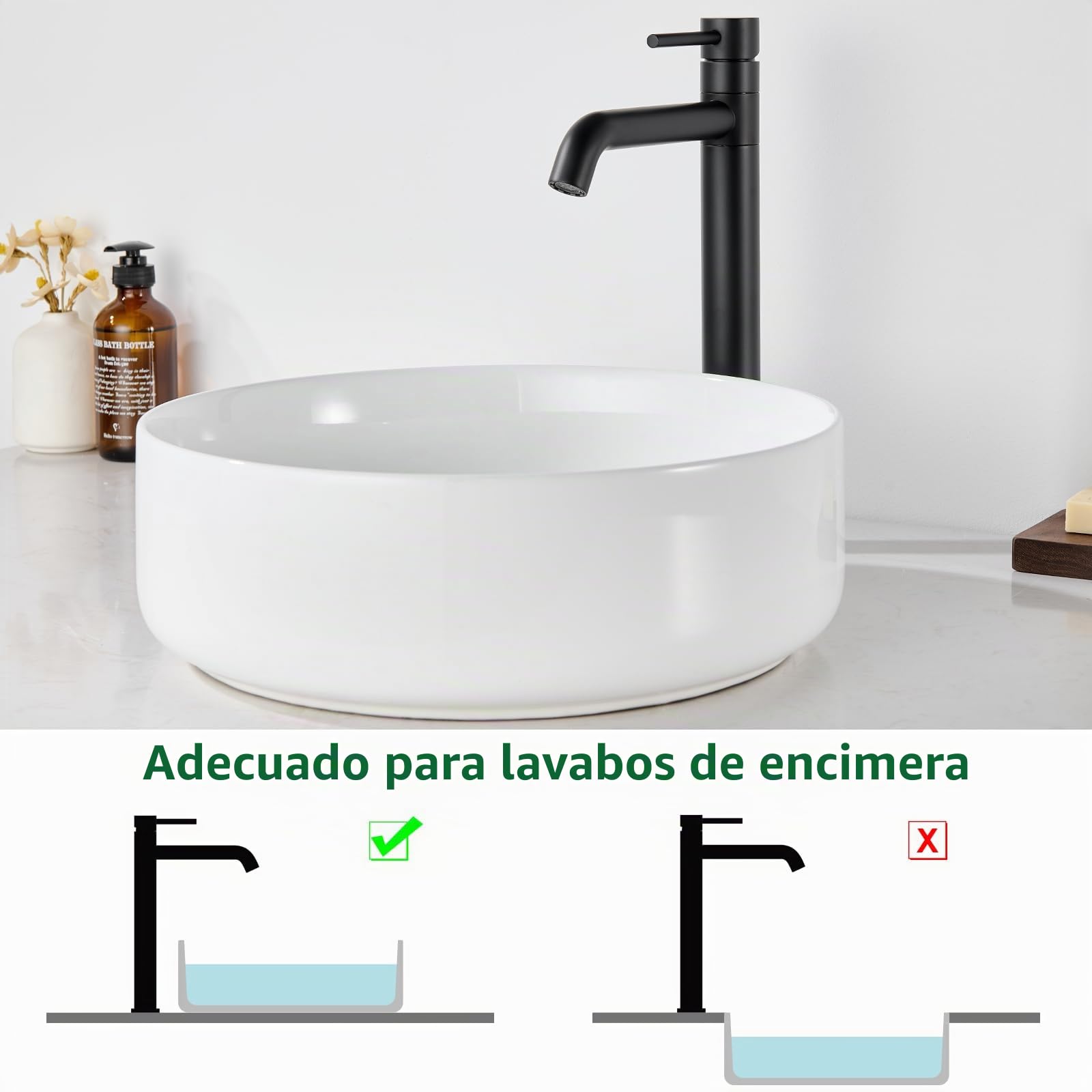 Grifo de Lavabo Alto, Grifo de Baño Giratorio 360°, Grifo Mezclador de Caño Alto para Lavabos de Encimera, llaves de Paso de Agua Baño Monomando de Baño, Negro