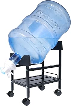 5 Gallon Water Jug Stand with Wheels & Storage Shelf, Dispenser Rack | Heavy duty metal stand with 4 casters. 2.15" spout included. Storage shelf for cups & tea. Easy assembly
