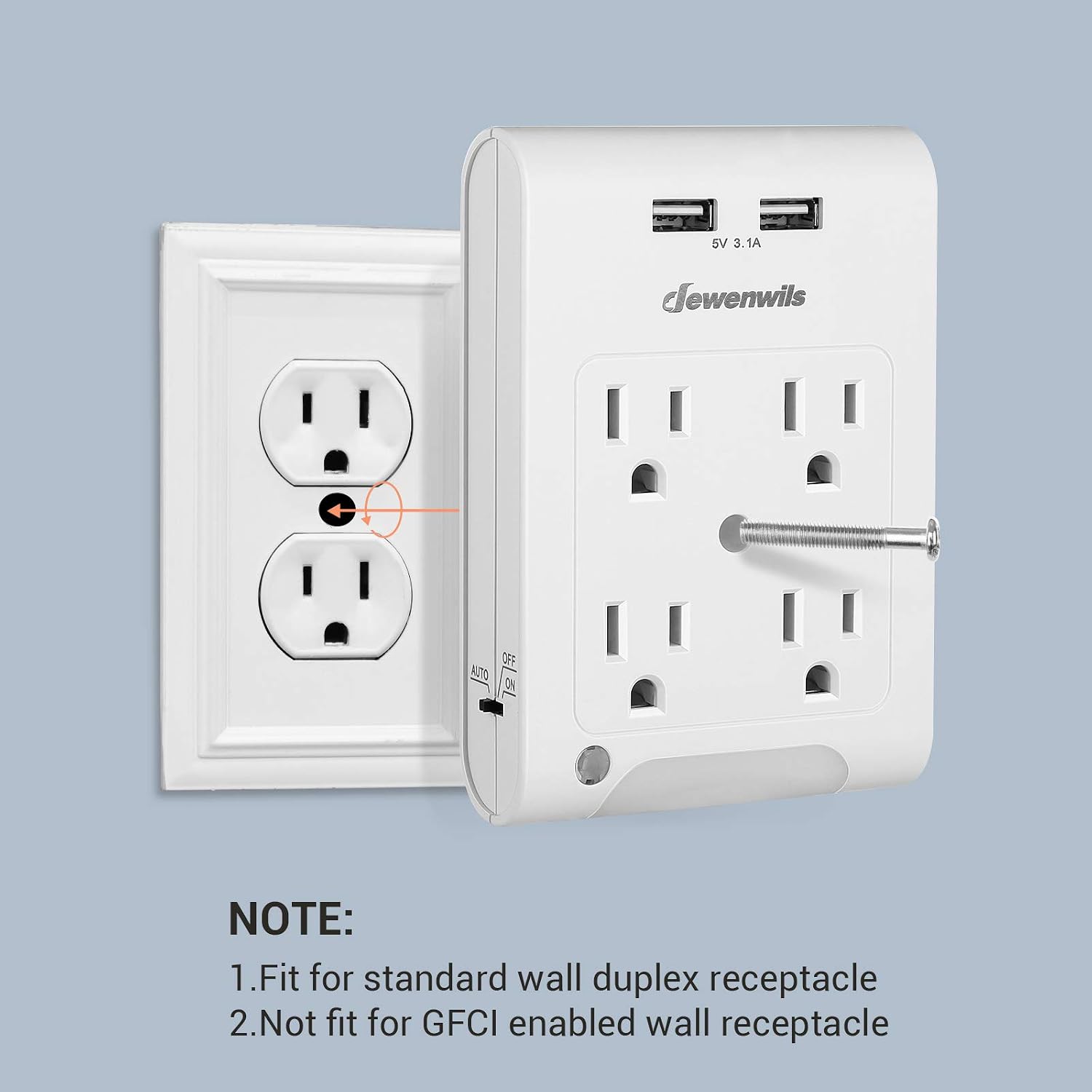 DEWENWILS 4-Outlet Extender, Wall Outlet Adapter with 2 USB Ports(3.1A Total), Light Sensor Night Light, 1080 Joules Surge Protector, ETL Listed, White