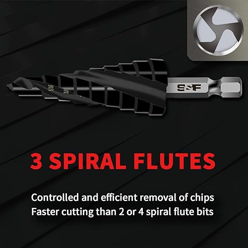 Miniatura 6 de S&F STEAD & FAST Broca escalonada de cobalto para metal, tres flautas en espiral, 14"-34", 1 unidad, Unibit resistente, vástago hexagonal de 14",