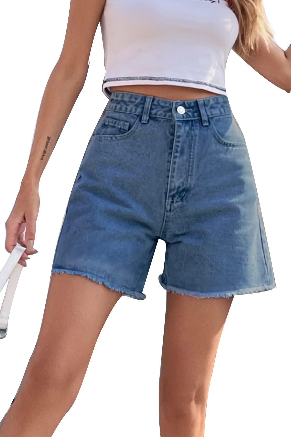 KINGFENWomen's High Waist Denim Shorts Raw Hem Jean Shorts Casual Summer Straight Wide Leg Pants for Women with Pockets
