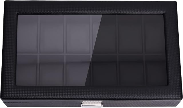 MQFORU Watch Box Organiser 12 Slot, Carbon Fiber Leather Watch Storage Case, Glass Top Jewelry Watch holder
