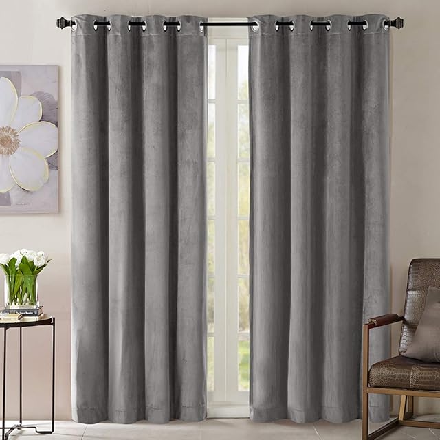 OMMATO Blackout Velvet Grey Curtains Solid Soft Darkening Eyelet Living room Curtains Thermal Insulated Bedroom Curtains 46 x 90 inch Drop 2 Panels