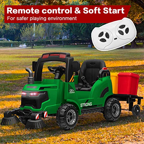 Molachi Ride On Street Sweeper Truck,12V Ride On Car W/ Remote Control,Electric 360 Degree Rotating Sweeping Brooms，Music,Led Light,Ideal Gift For Kids 3-7 Years Old,Green #TOP2