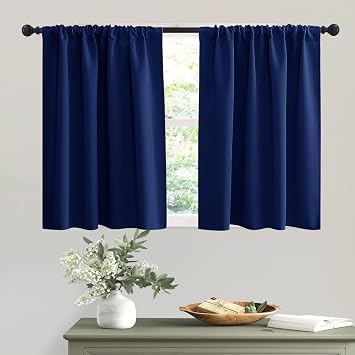 RYB HOME Short Marine Blue Blackout Curtains for Small Bedroom Window, Insulating UV Blocking Drapes for Kitchen Cafe Basemen