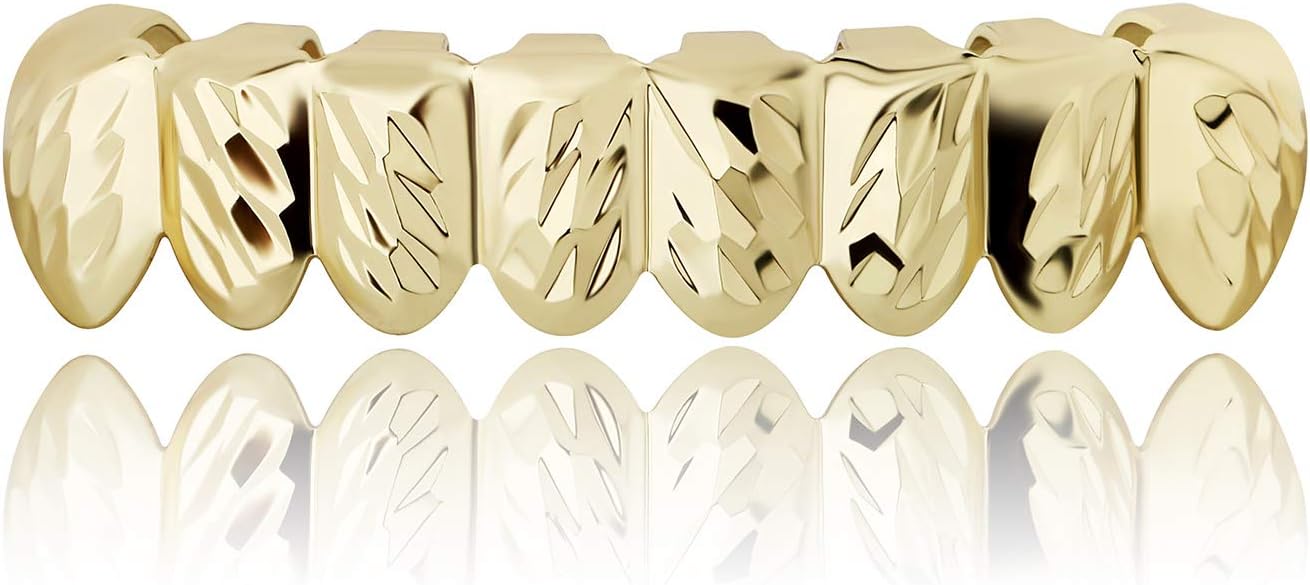18K Gold Plated Hip Hop Rugged 8 Teeth TOP and Bottom Grillz for Your Teeth Set for Men and Women (Rust Gold Bottom Fang)