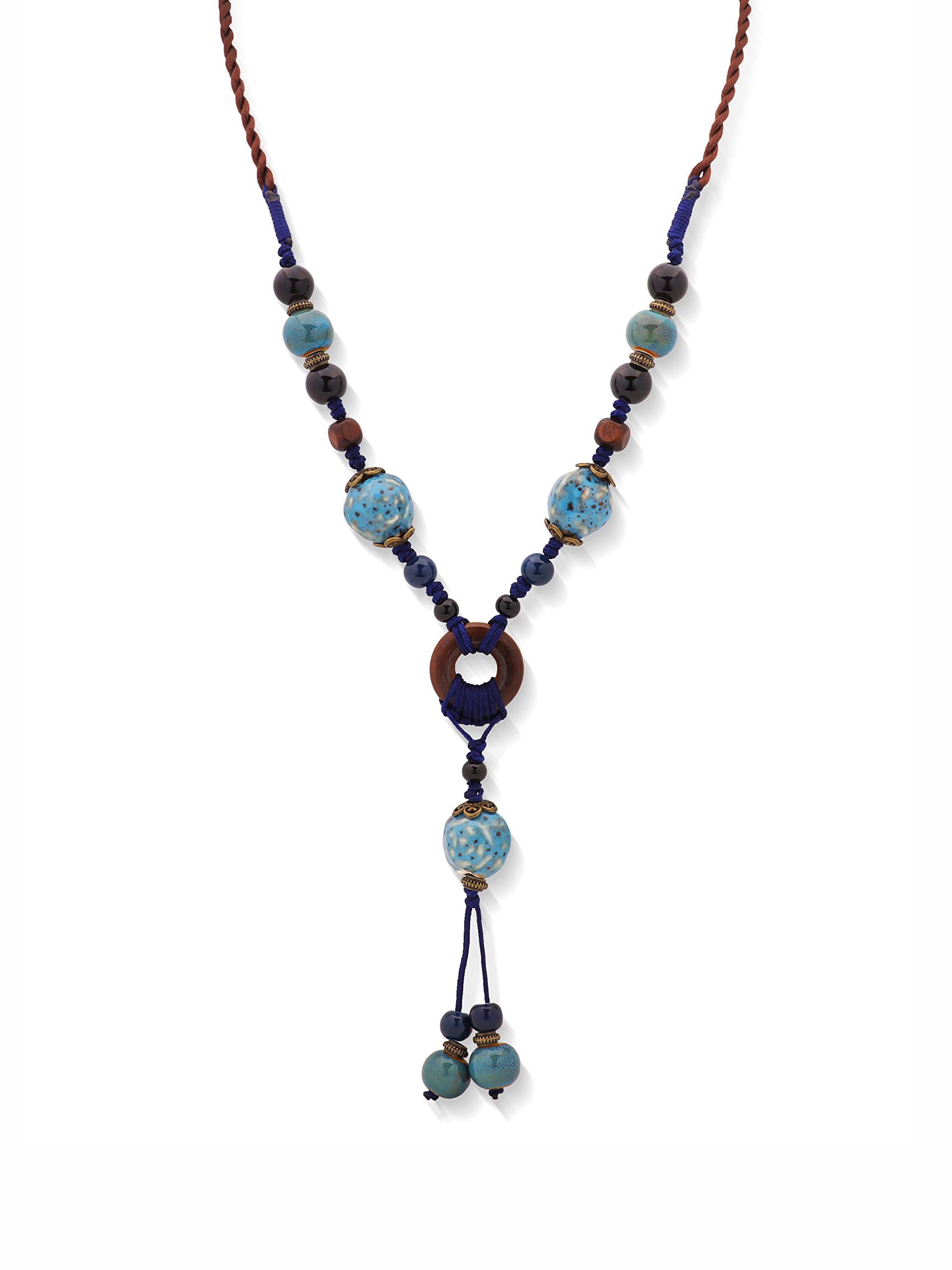 MINACHIBoho Hippie Colorful Ceramic Beads Strand O Ring Circle Charm Long Y Necklace, Vintage Bohemian Statement Jewelry Gift for Women