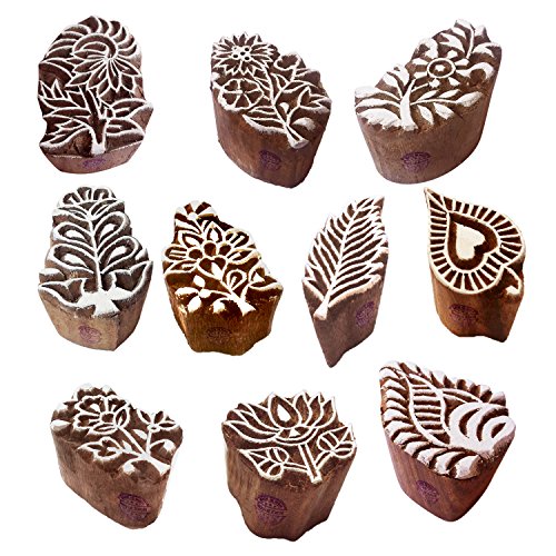 Fabric Print Stamps Decorative Small Floral Leaf Shape Wooden Blocks (Set of 10)