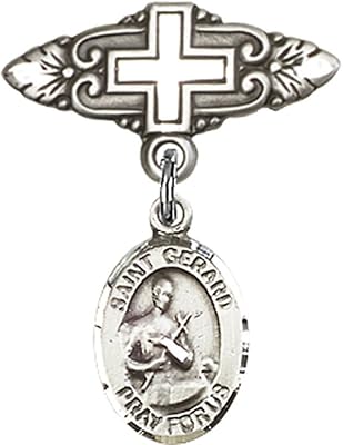 Sterling Silver Baby Badge with St. Gerard Charm and Badge Pin with Cross 1 X 3/4 inches