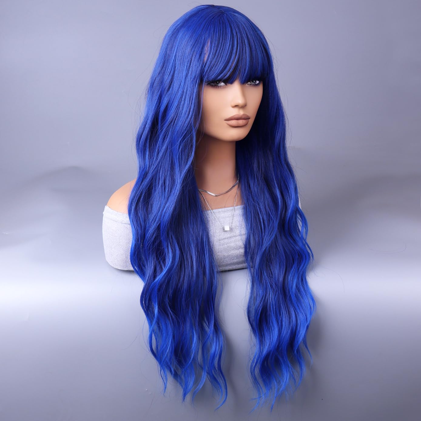 BERON Blue Long Wigs Curly Wavy Women Wigs with Bangs Dark Blue Heat Resistant Synthetic Wigs for Cosplay or Daily Wigs Wig Cap Included - Image 3