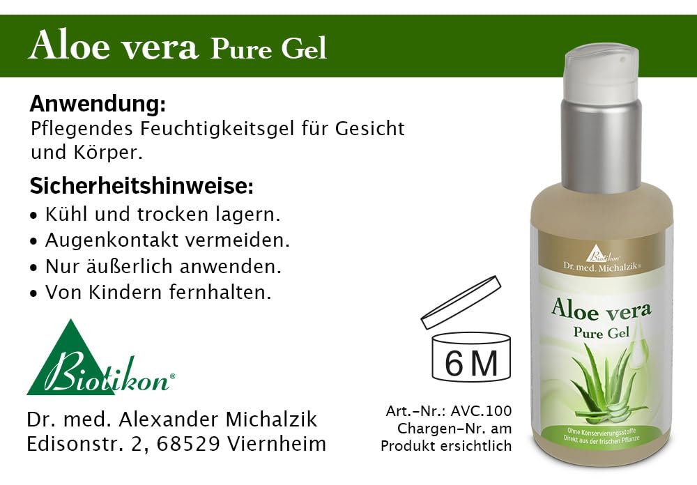 Aloe Vera 100% Pure Gel - mit Hexagonalem Wasser - ohne Konservierungsstoffe, ohne Geliermittel - kein Pulver - von BIOTIKON®