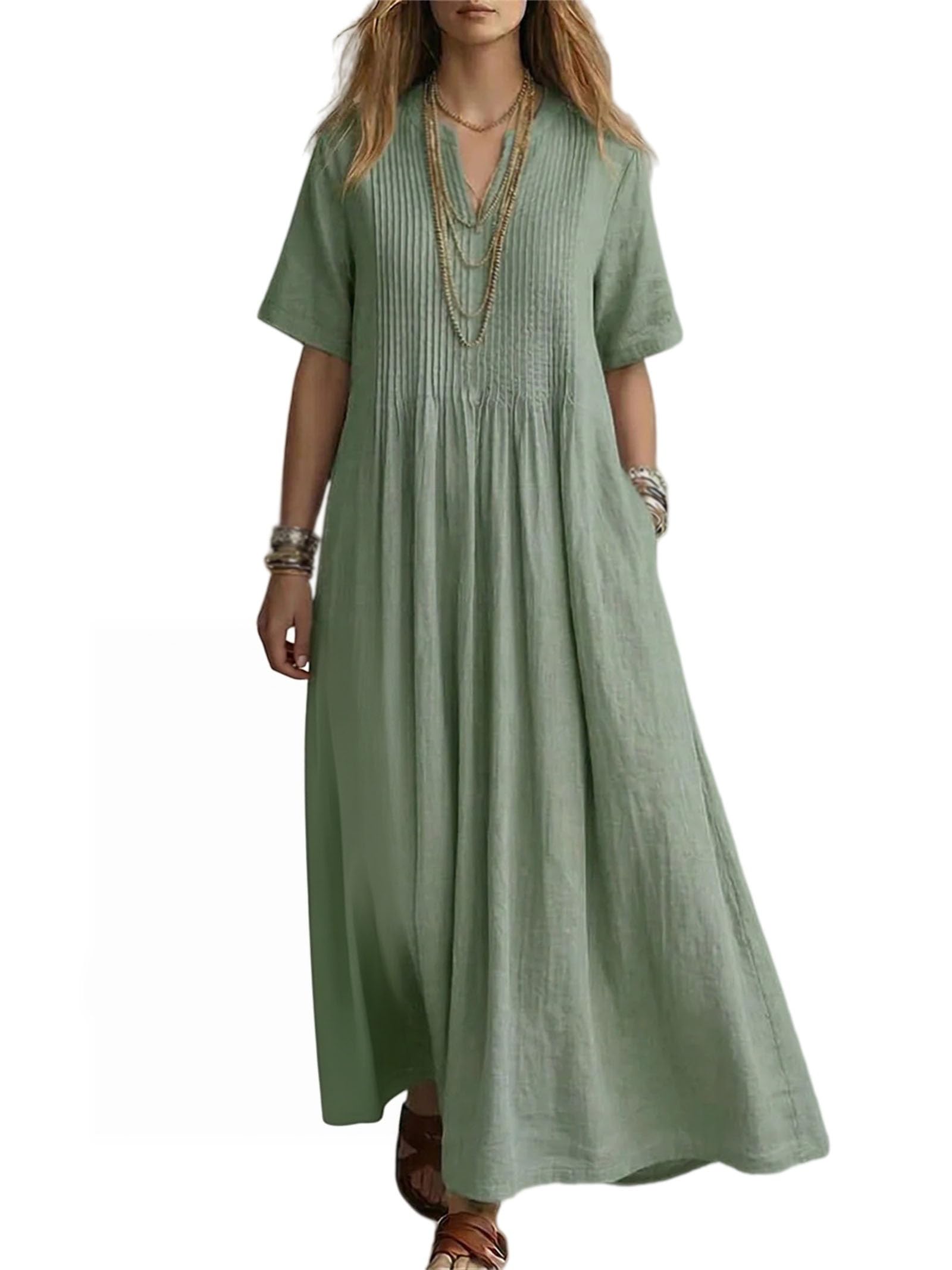 Maxi abito estivo da donna in cotone, scollo a V, maniche corte, con tasche | Maxi abito in cotone con scollo a V, maniche corte, arricciatura frontale e tasche, per l'estate, il tempo libero, le vacanze