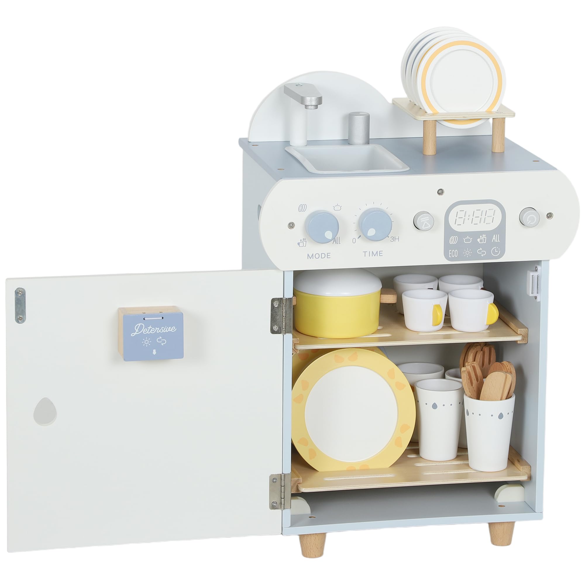 AIYAPLAY Wooden Dishwasher Playset, Pretend Play Kitchen for Kids Age 3+, Kitchen Sink Toys with Faucet, Sink and Accessories, Gift for Boys Girls Toddlers, Light Blue