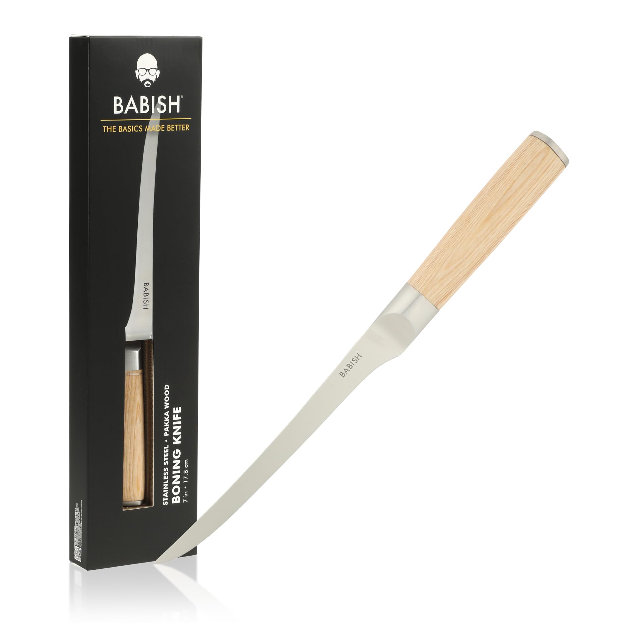 Babish 1.4116 German Stainless Steel Boning &amp; Fillet Knife with Light Pakka Wood Handle – 6-Inch Full-Tang Flexible Kitchen Knife for Meat, Poultry, Fish &amp; Precision Butchering