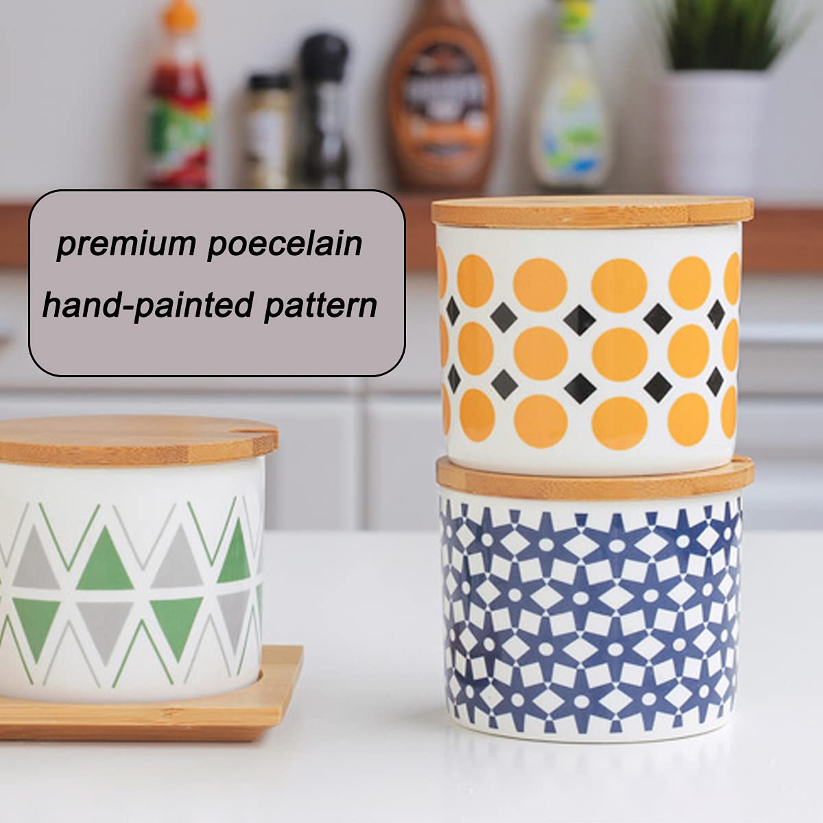Beegie Pots à épices, coffret d'assaisonnement, boîte d'assaisonnement, pot à condiments, pots à sel avec couvercles de cuillère, plateau à motif peint à la main, lot de 3