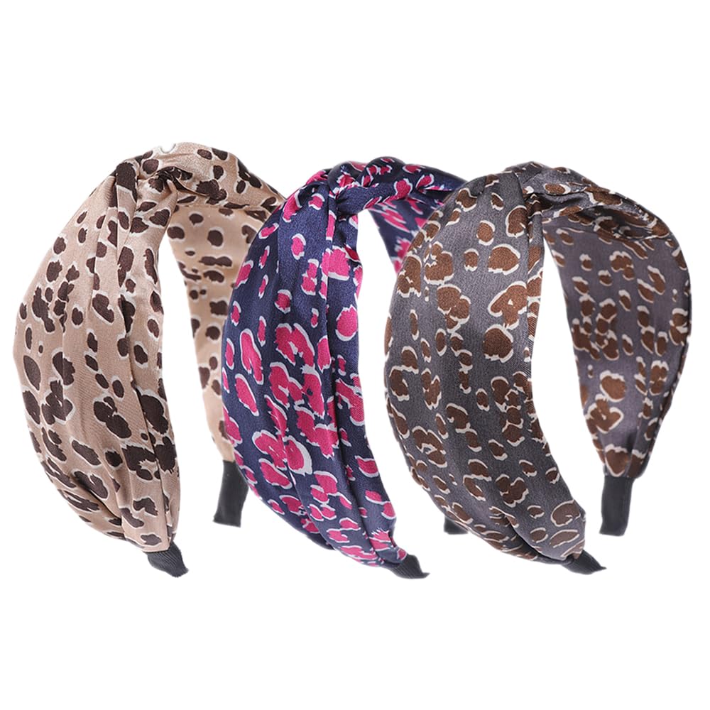 3Pcs Women Wide Headbands Non Slip Fabric Hairbands Elastic Twist Headband Wide Bow Knot Headwrap Alice Hair Bands for Women Uk (Leopard headband) - Image 3