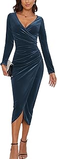 Women's V Neck Wrap Velvet Long Sleeve Elegant Bodycon Ruched Cocktail Party Maxi Dress