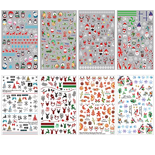 Christmas Nail Stickers, Xmas Snowflake Nail Decals 3D Self Adhesive Nail Art Stickers Cartoon Elk Santa Claus Snowman Winter Nail Design For Christmas Nail Decorations Supplies, 8 Sheets/Set #TOP1