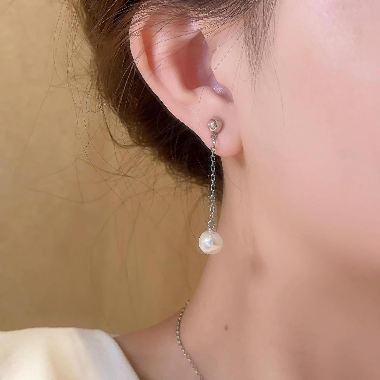 Vintage Long Chain Pearl Earrings Wedding Pearl Drop Earrings Small Round Single Pearls Dangle Earring Minimalist Long Tassel Tiny Ball Bead Studs Earring Jewelry for Women - Image 3