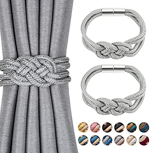Pretty Jolly 2 Stück Starke Magnetische Raffhalter für Vorhänge, Dekorative Vorhang-Raffhalter, Handgewebtes Seil, Knoten-Vorhanghalter für Zuhause und Büro, Fenstervorhänge (Silbergrau) Cover