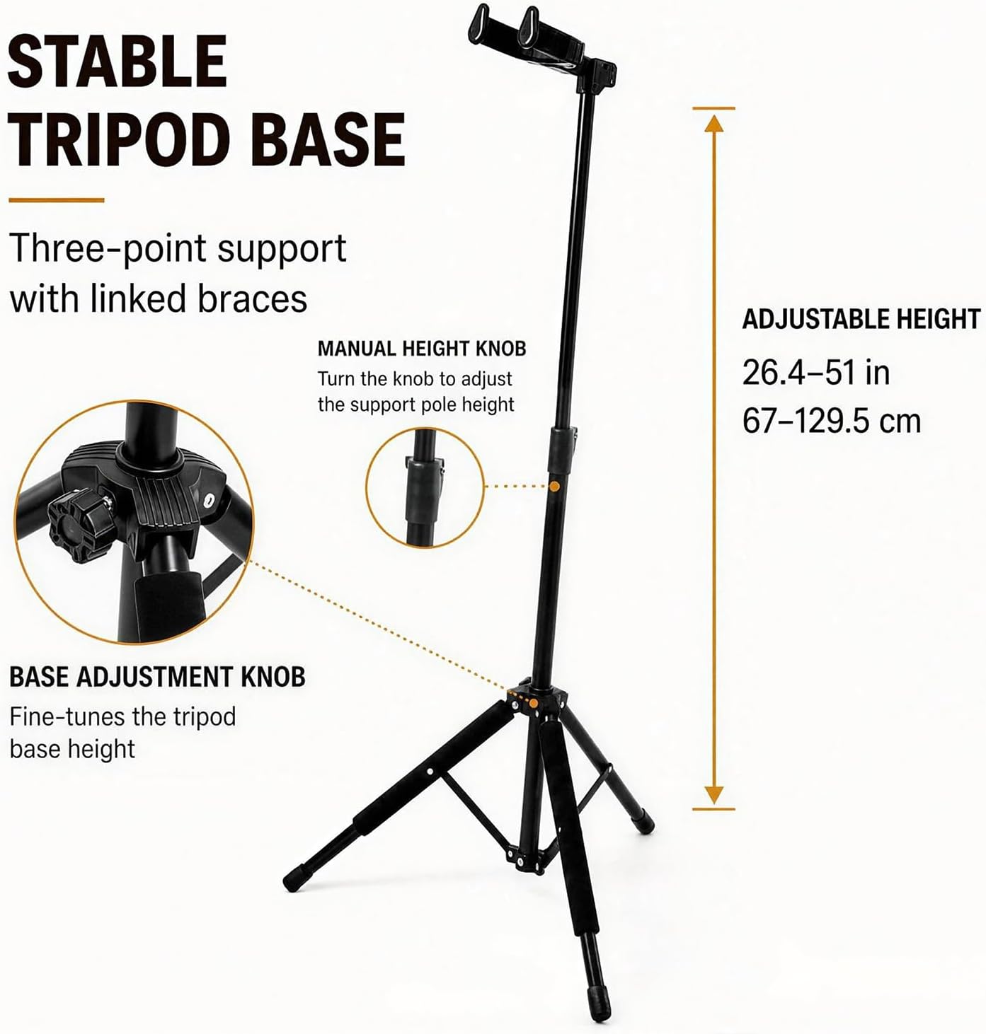Guitar Stand with Auto-Lock System, Foldable Guitar Stand Floor with Height Adjustable, Portable Tripod Guitar Holder for Classical, Acoustic, Electric Guitar, Bass, Guitar Accessories Gift