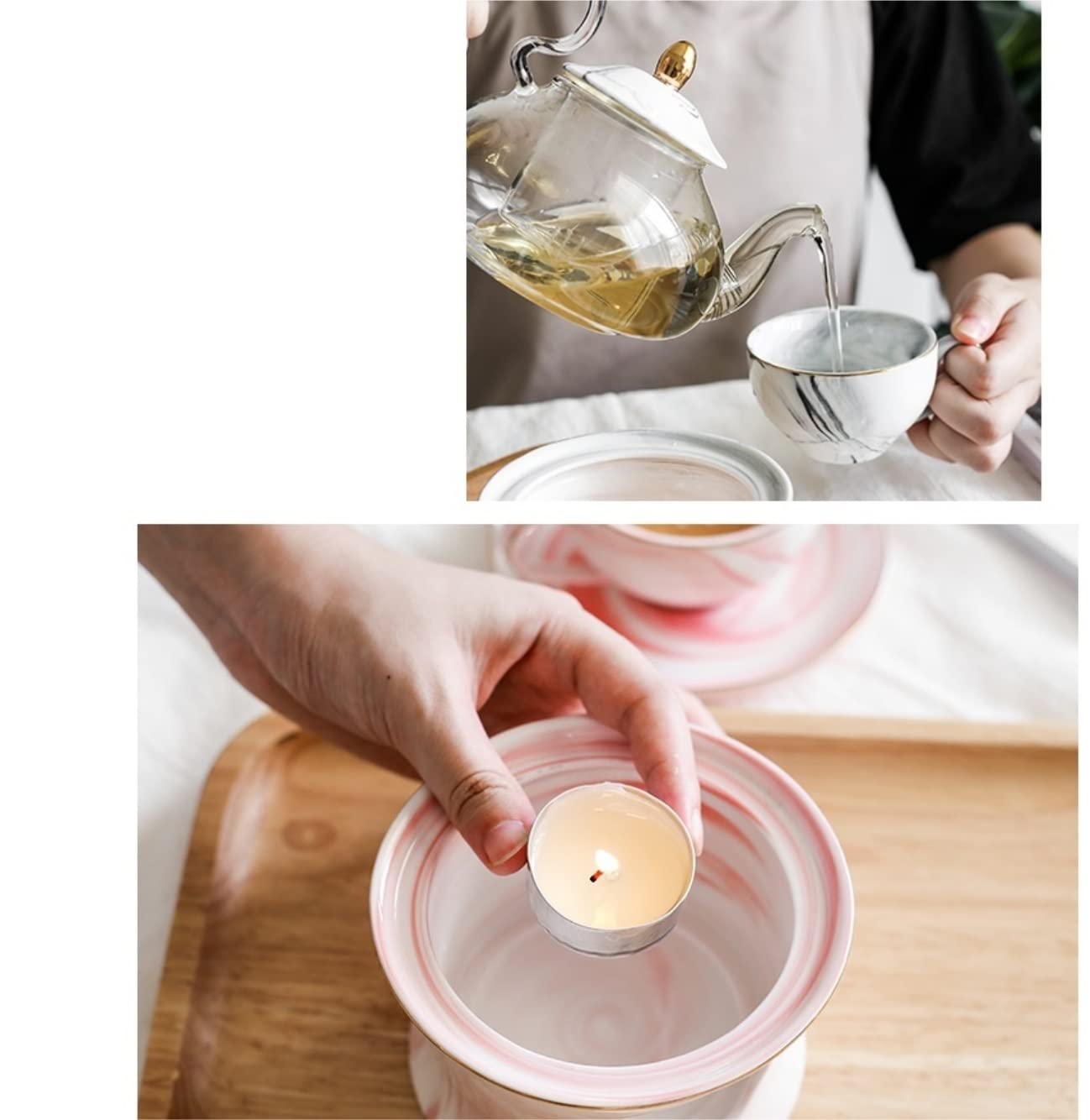Serwis Do Kawy Na Przyjęcie Nordic Luksusowy Ceramiczny Zestaw Do Herbaty Podwieczorku Porcelanowa Świeca Ogrzewanie Szklany Czajniczek Kubki Spodek Uchwytów Na Popołudniowa(Pink)