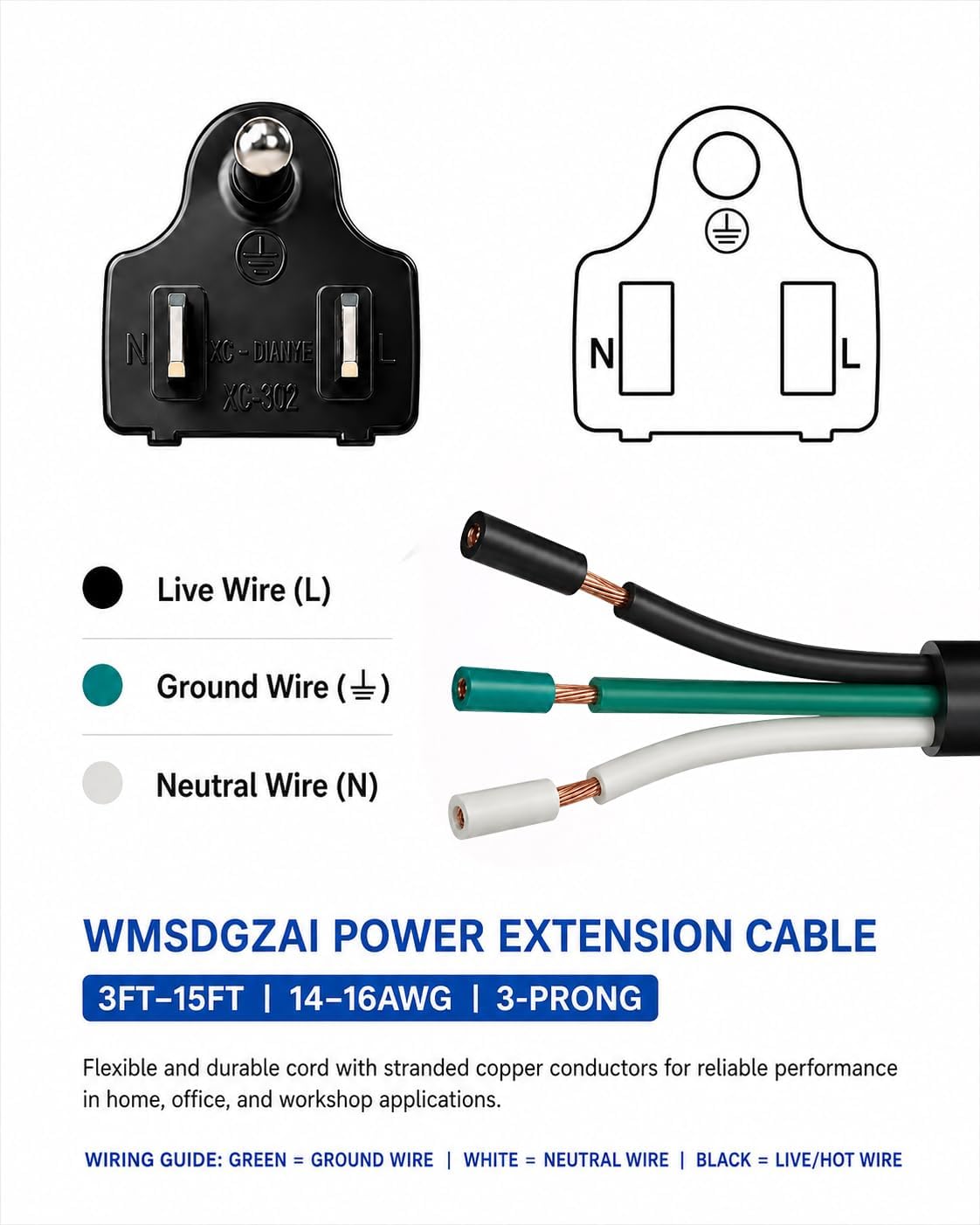 6FT 16 AWG 3 Prong Replacement Power Cord, NEMA 5-15P image 2