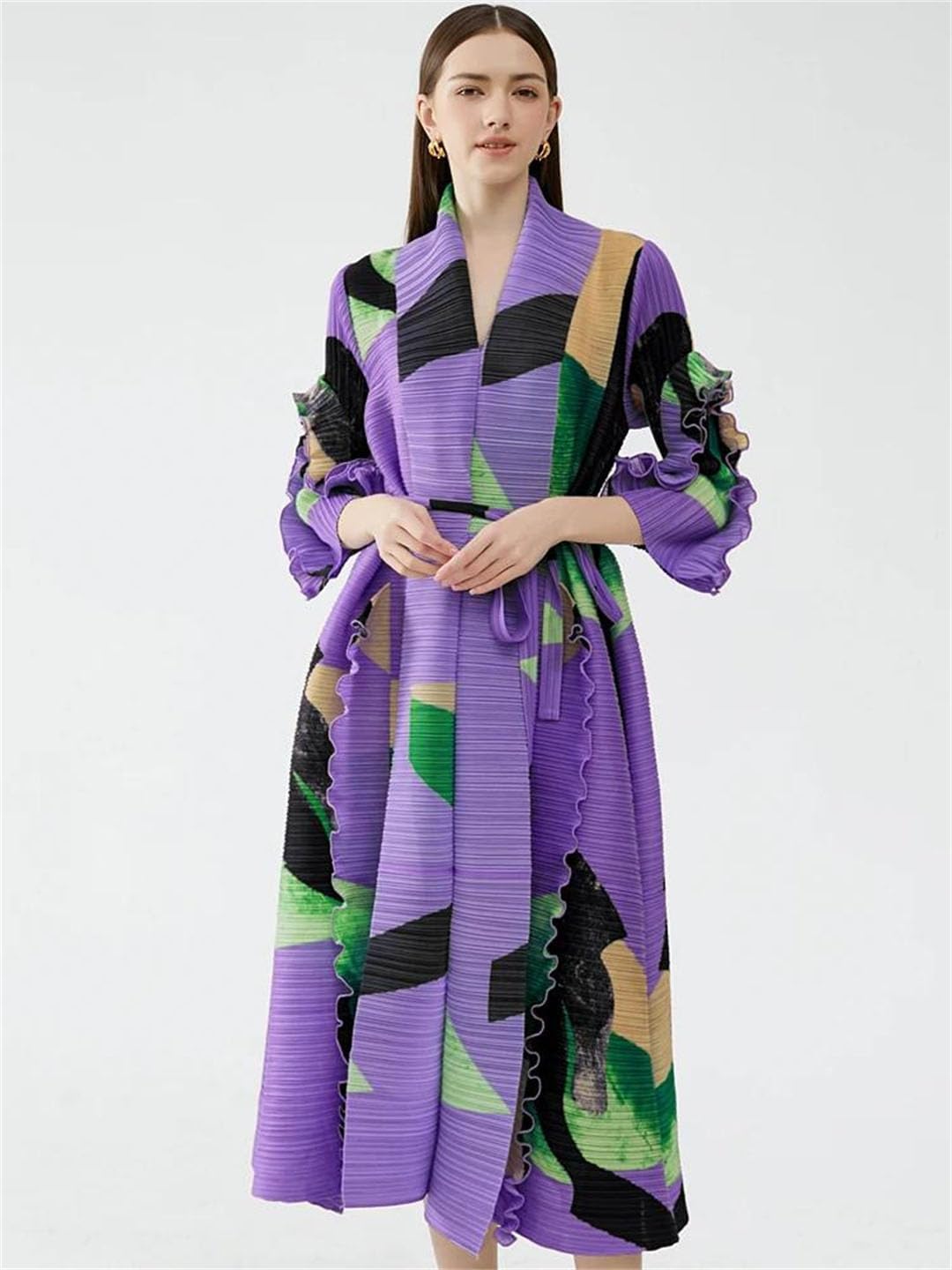 Women Printed Pleated Turn-Down Collar Petal Sleeve Belt Plus Size Dresses