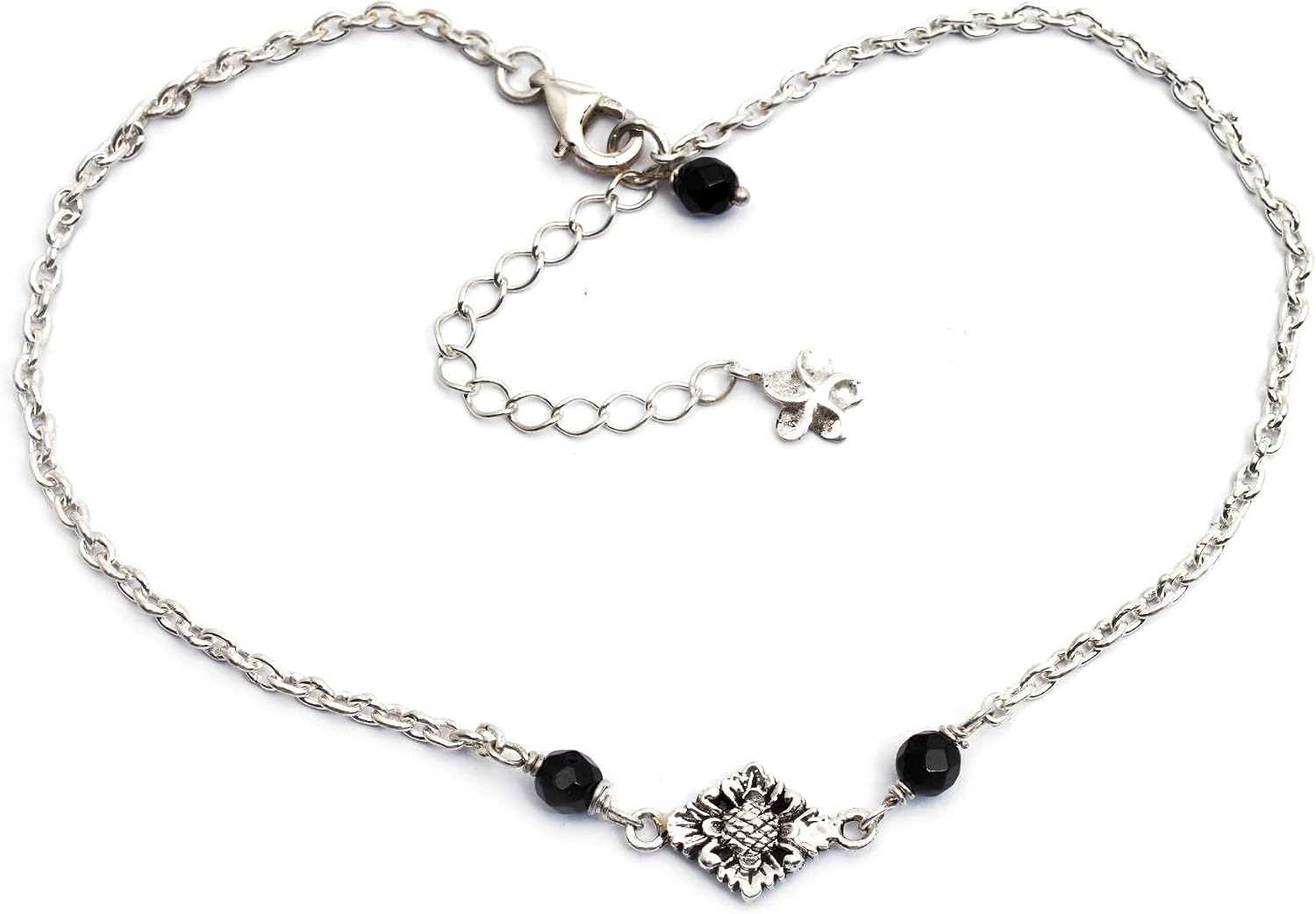NOVICA Onyx .925 Sterling Silver Anklet 'Black Balinese Plumeria'