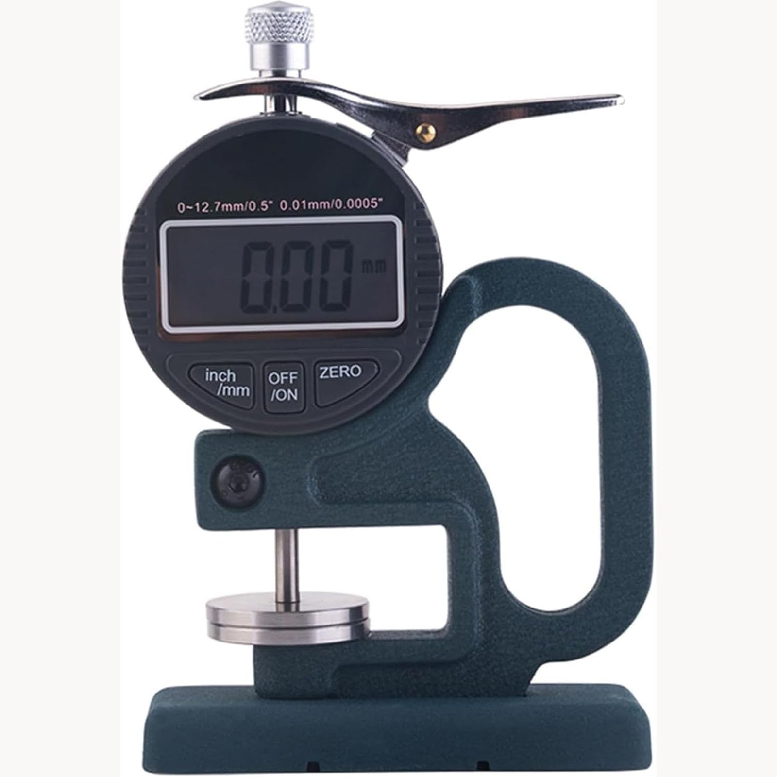 Digitales Dickenmessgerät 0–12,7 mm, 0,01 mm Auflösung mit 30 mm großer Sonde, LCD-Bildschirm, Aluminiumgehäuse für Schwamm, Papier, Leder, Karton
