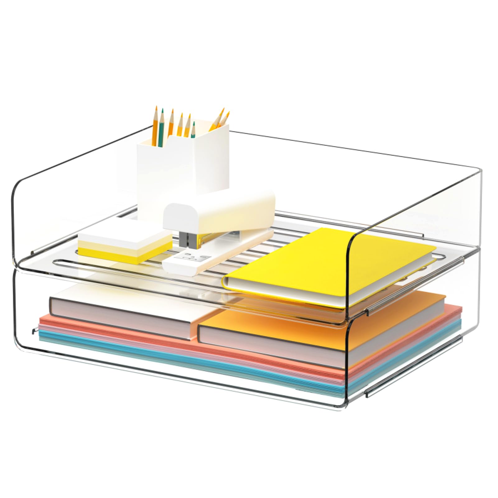 Desk Organizer, Stackable Paper Letter Tray, Office Desktop File Paper Holder, Book Storage Rack (Clear, 2 x Wide Entry)